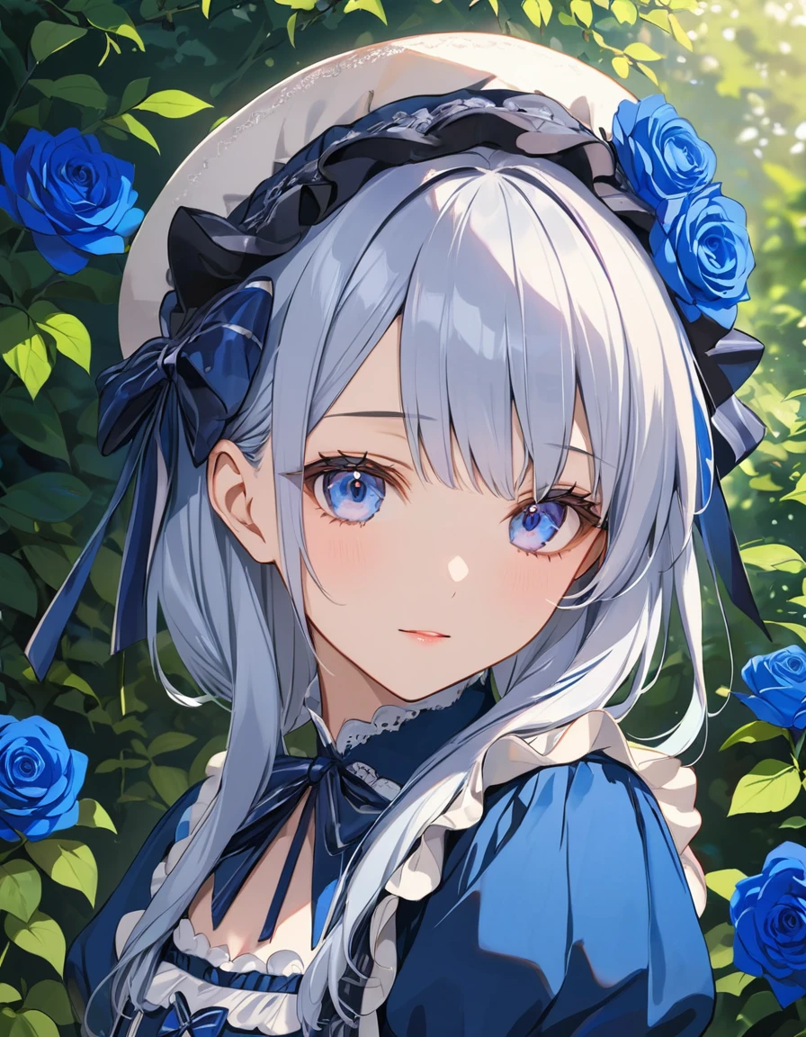 (top-quality),(masuter piece),(4k anime),Delicately drawn face,girl with a pretty face,beautiful detailed blue eyes,blue lolita fashion,((beautiful detailed blue costume)),(Beautiful silky silver hair:1.2),blue ribbon hair ornament,pale skin,shading,film lighting,contrast magic,(in a garden where blue roses bloom),cowboy shot