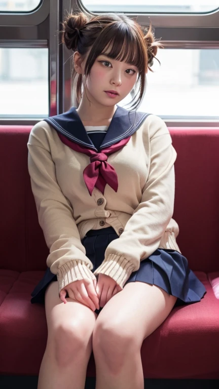 8K, masterpiece, best quality, high quality photo, Accurate limb drawing, (from below:1.3), (looking down, watching at Viewer:1.1), Japanese Cute 18 years-old girl, B85W54H89, gold double bun hair, smirk, Japanese school girl suit, sailor suit, navy blue mini pleated skirt, red ribbon, over size cardigan, long sleeves, red ribbon, sitting on train seat, (lift the skirt with her hands), (((white panties exposed))),