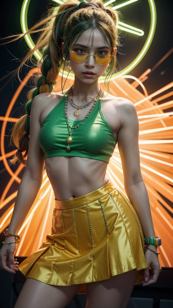 A woman with hair in shades of green and orange, braided with shiny beads, wearing a green circle skirt and an orange cropped top with neon details, translucent green headphones, dancing between floating musical notes and neon lights, with colorful necklaces and vibrant sneakers, energetic and bold style, 8k. She is looking directly at the camera with a confident look.