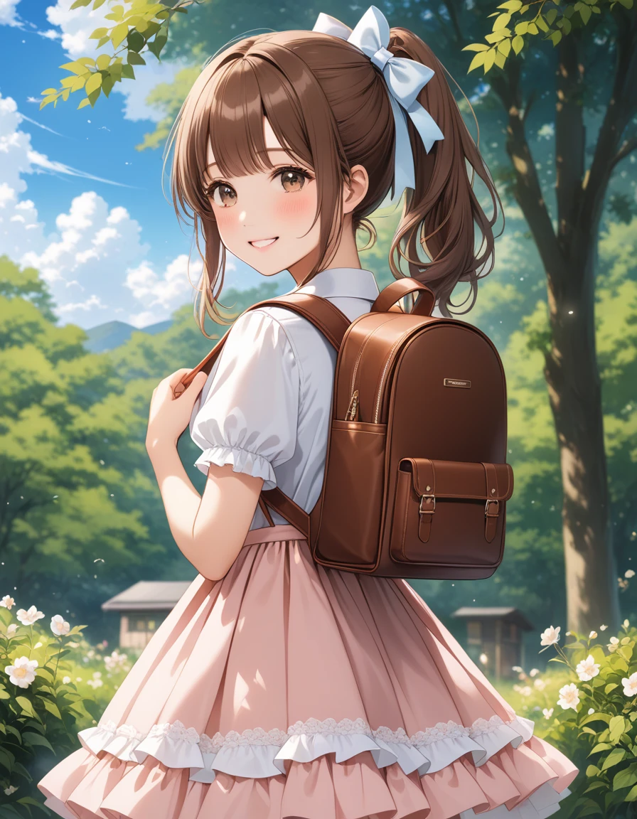 Masterpiece, hd, 1girl, brown hair, ponytail, hair ribbon, wearing cute dress, frilled dress, dress, bowtie, standing, outdoor, smile, wearing randoseru backpack,(backpack:1.2)