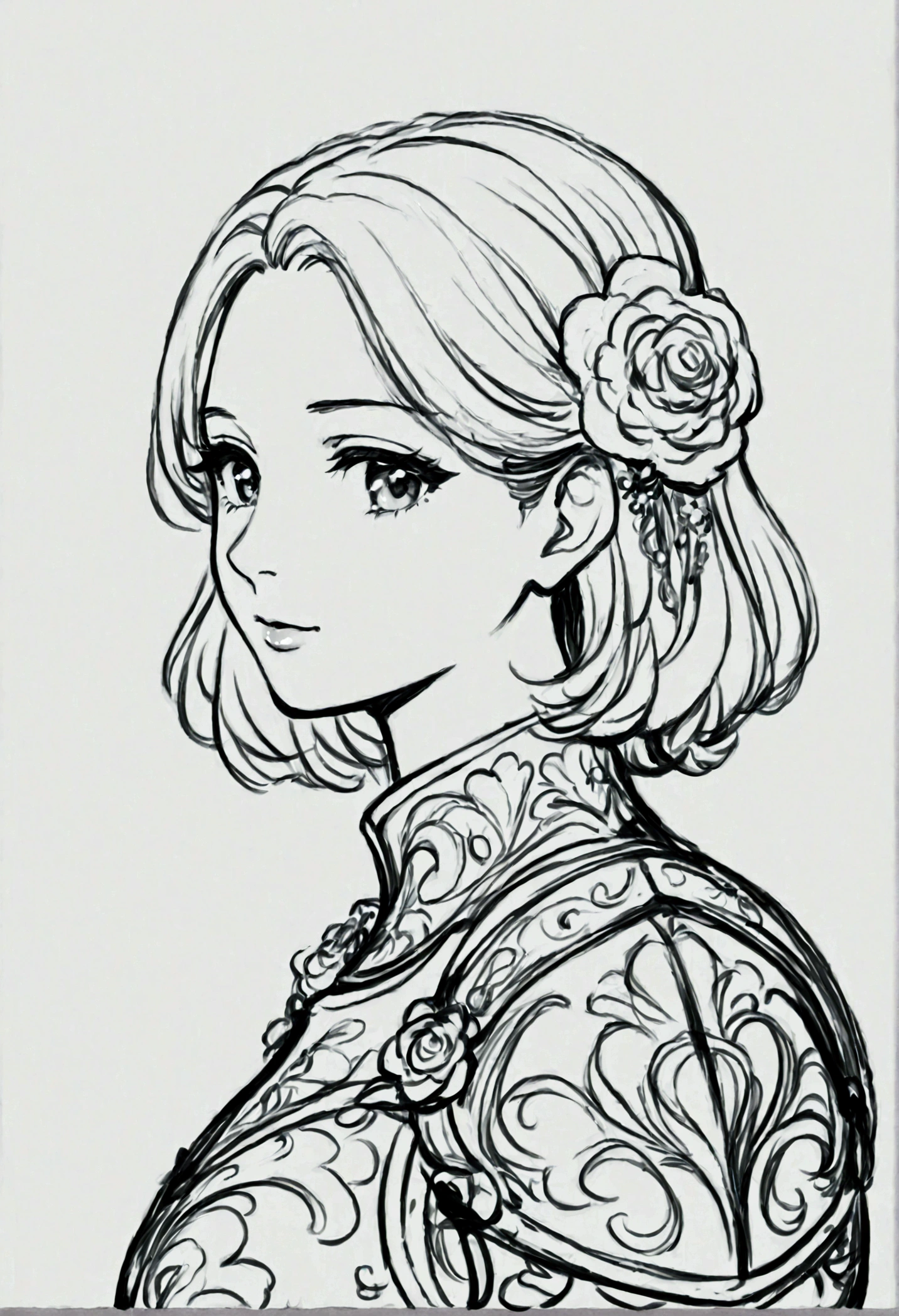 masterpiece, superlative, female, solo, bust closeup, leather armor, fabric clothing, medium length hair, flower line drawing background, white background, monochrome, line drawing, ((sketch))