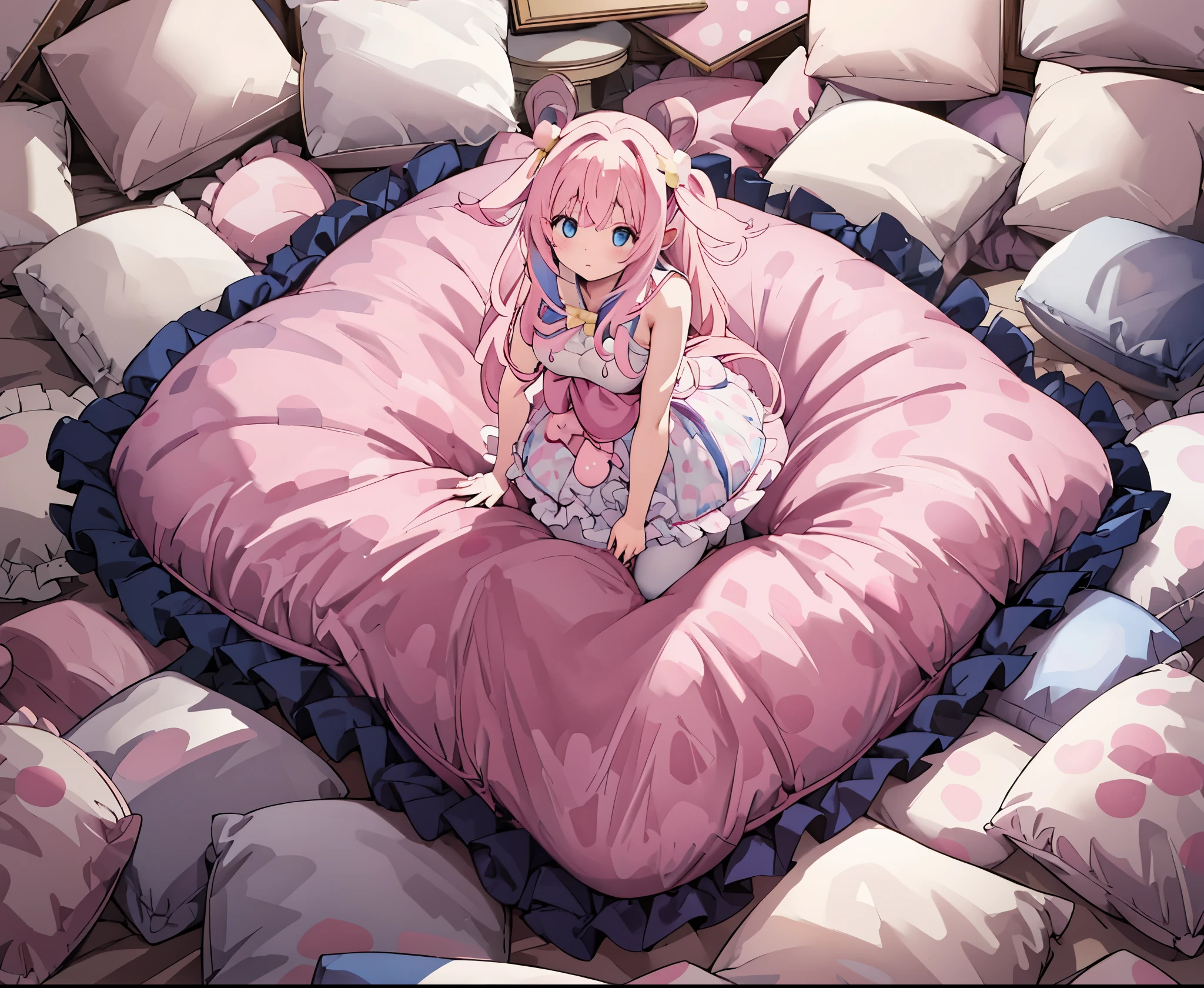 （best quality， masterpiece），full body, 1 girl, solo, mine ,nsfw, details, (Light and shadow oxtail , Cute girl posing on pillow ，standing on pillow，，（pillow), large pillow, (((colorful))), color correction, pink hair, frilled pillow,pink pillow, (((pink polkadot pillow))), (((blue uniform))), (((white skirt))), stocking, brown shoes, hugging pillow, 1 pillow