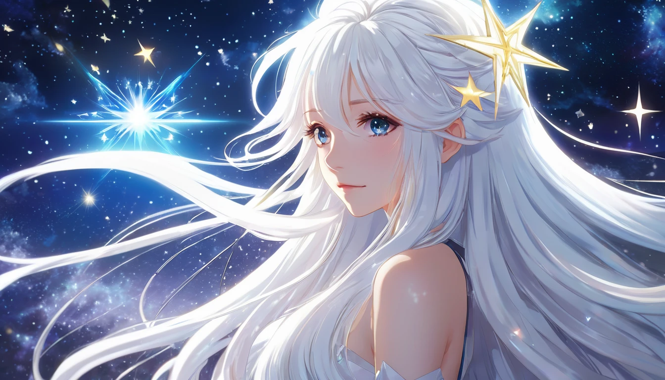 anime girl with long white hair and a star in her hair, White-haired God, Anime girl with space-like hair, star(null) starry_null, Cute girl anime visuals, Splash Art Anime Loli, White glowing aura, White Haired Girl, Ethereal Anime, akasuki voidstar, Celestial Aura, Nightcore, Anime Moe Art Style