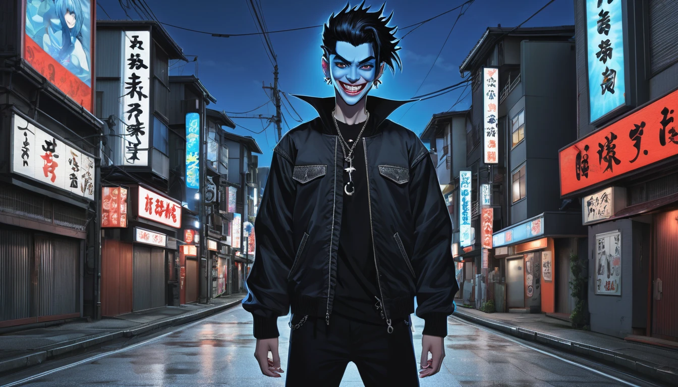 Detailed anime style, masterpiece, Studio Quality, 6k, Full Body Shot, One boy, devil, tooth, teeth, Grey Eyes, Skin of color, (Blue Skin of color 0.9), Goth, Heavy Set, Black Hair, Detailed Background, Modern Town in Japan, Complementary Color, Cinema Lighting, Detailed shading, Digital Texture Painting