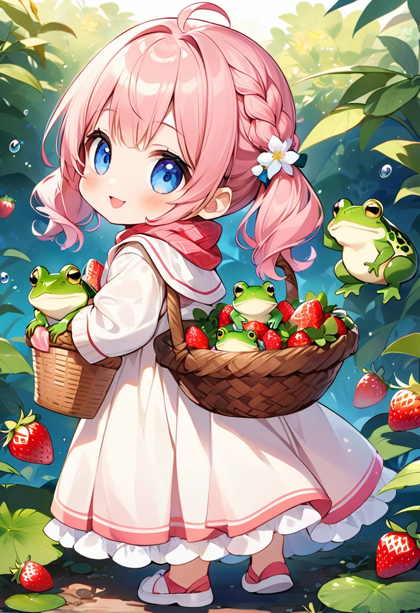 Highest quality、High resolution、Detailed Background、Beautiful face in every detail、Anatomically correct、Detailed facial expressions、fine grain、((full body, from behind:1.5, side shot, looking side)), break　((One Girl:1.2)、(Chibi Girl:1.2))、Cute hair color、Big beautiful blue eyes、Fuller lips、Pink Lips、Braided twin tails、Ahoge、(Collecting frogs:1.2)、(Cute Winter Clothes、Cute long scarf、Long skirt、Cute sneakers)、break　((Place your hands in front of your chest:1.2))、((Holding a basket full of frogs:1.2))、(Happy expression:1.2、Big smile:1.2)、Sweat、break　(The background is the winter sky、Winter clouds、Flower storm、((Strawberries on the ground)))