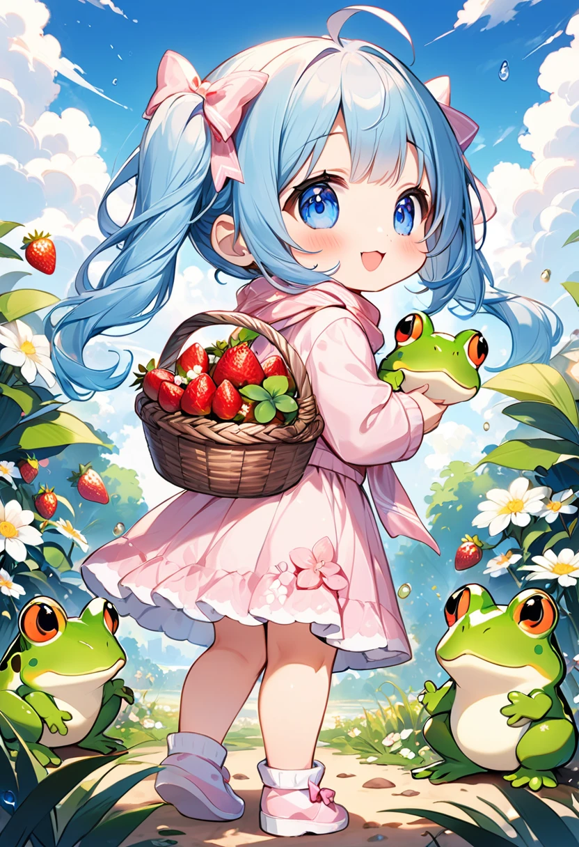 Highest quality、High resolution、Detailed Background、Beautiful face in every detail、Anatomically correct、Detailed facial expressions、fine grain、((full body, from behind:1.5, side shot, looking side)), break　((One Girl:1.2)、(Chibi Girl:1.2))、Cute hair color、Big beautiful blue eyes、Fuller lips、Pink Lips、Braided twin tails、Ahoge、(Collecting frogs:1.2)、(Cute Winter Clothes、Cute long scarf、Long skirt、Cute sneakers)、break　((Place your hands in front of your chest:1.2))、((Holding a basket full of frogs:1.2))、(Happy expression:1.2、Big smile:1.2)、Sweat、break　(The background is the winter sky、Winter clouds、Flower storm、((Strawberries on the ground)))