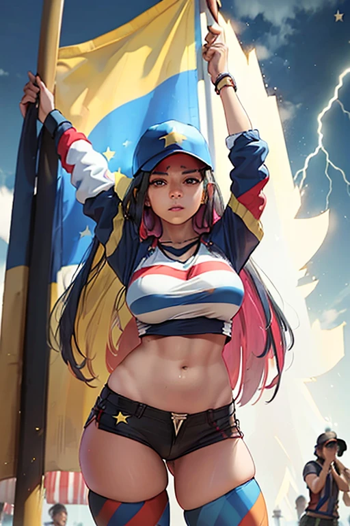 Woman holding the flag of Venezuela ((order: yellow stripe above, blue stripe with white stars and red stripe below)), brown skin, straight hair, artwork, lightning, protest, macaws.