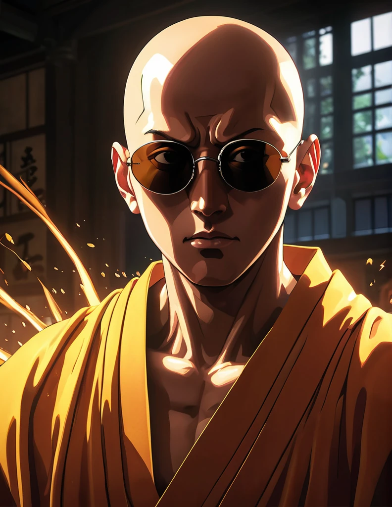 1 person, Japanese monk, small, Round sunglasses,Hero of Justice, Thin stubble, Exorcise evil spirits, One Punch Man,Visual novel, Latest Eroge Style, Dutch Angle, Shadows in the movies, Cinema Lighting, Lens flare, Spectacular sight, Very detailed, masterpiece, Highest quality