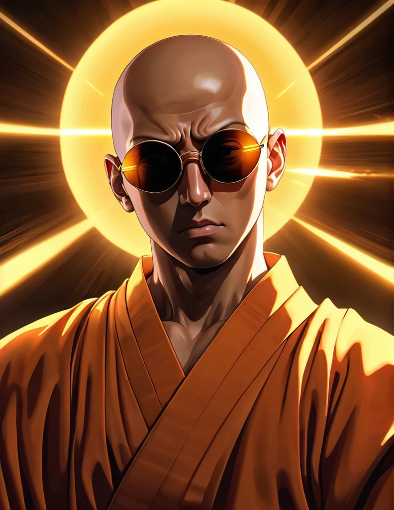 1 person, Japanese monk, small, Round sunglasses,Hero of Justice, Thin stubble, Exorcise evil spirits, One Punch Man,Visual novel, Latest Eroge Style, Dutch Angle, Shadows in the movies, Cinema Lighting, Lens flare, Spectacular sight, Very detailed, masterpiece, Highest quality