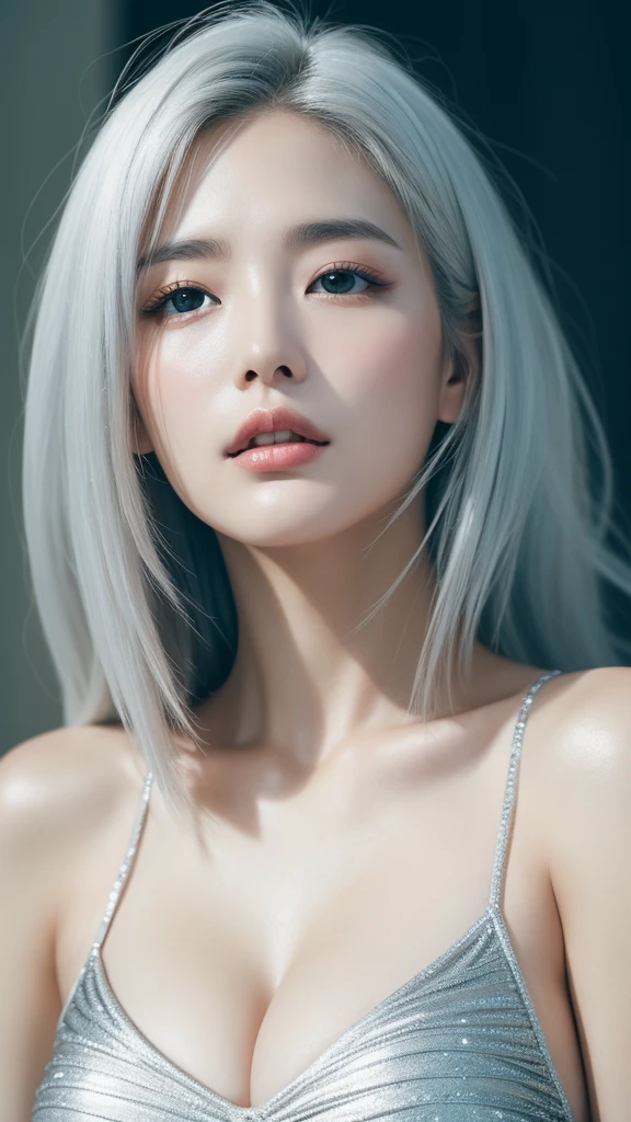 Gal、Korean Beauty、Swimwear、front、Looking up angle、Straight Hair、Very large breasts、Silver Hair、Textured skin, High resolution,High-resolution model,