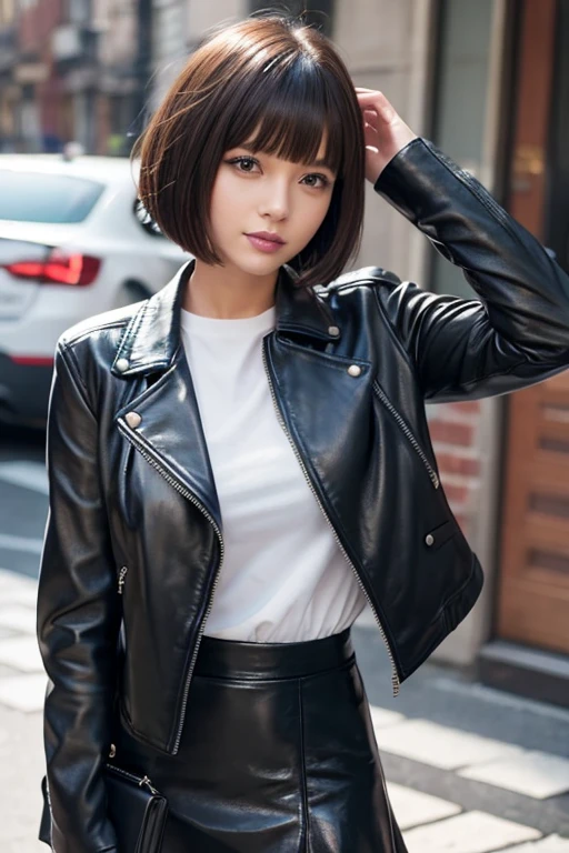 leather jacket、Leather skirt、Leather Fashion、Bob cut short hair、