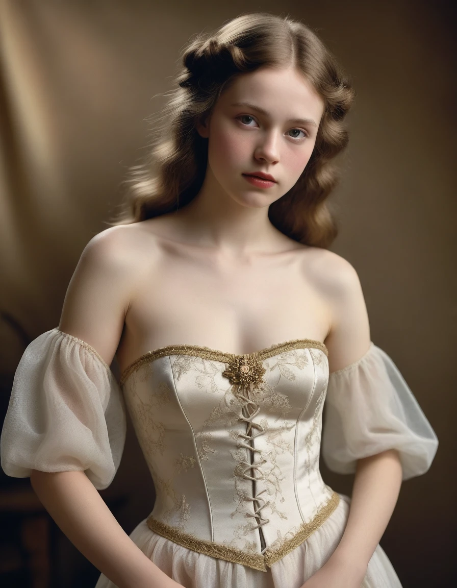 old Pictorialism 1920 (Masterpiece, Best Quality, Highres:1.2) Pictorialism, Pictorialism by Franz Xaver Setzer, Franz Anton Adolf was an Austrian photographer., Photography in 1920, Full body, highly detailed, centered, drawn, portrait of a beautiful young woman, long hair, a dancer in 19th century French costumes, very beautiful, standing artistically, Tragic, Dramatic Situation, realistic natural body anatomy, professional light distribution, very artistic lighting gradation, artistic detail, film grains, Gelatin silver print. RAW photo, natural light, epiC Realism, TXT2IMG, full realism, portrait of a beautiful cute 21 years old, studio lighting professionally graded. you wanna merry her. skin pale model, a stunning beauty, professionally graded for maximum impact. The framing of the shot captures Georgy's natural proportions, adhering to the Golden Ratio, creating an air of serenity and beauty. her pale white photorealistic, realistic, extremely detailed, highly detailed, cute, pretty, attractive, Athletic body, fair skin, vellus hair, realistic chest, thin build, Natural proportions ,Skin hairs , Rough skin, Cellulite, Shiny skin ,skin texture , skin highly detailed ,skin texture detailed, Skin bristles, Skin goosebumps, Skin chills ,Grainy skin , cinematic lighting, stunningly beautiful, intricate ,Shiny lips, (professionally graded), (bright soft diffused light), old Pictorialism fading (extremely detailed 8k wallpaper).Roman clothing. She wears a Strapless Roman dress, Open Chest and elegant embroidery, Oriental accessories.