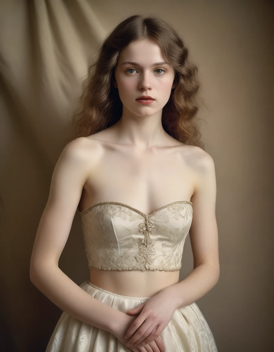old Pictorialism 1920 (Masterpiece, Best Quality, Highres:1.2) Pictorialism, Pictorialism by Franz Xaver Setzer,  Franz Anton Adolf was an Austrian photographer., Photography in 1920, Full body, highly detailed, centered, drawn, portrait of a beautiful young woman,  long hair, a  dancer in 19th century French costumes, very beautiful, standing artistically, Tragic, Dramatic Situation,  realistic natural body anatomy, professional light distribution, very artistic lighting gradation, artistic detail, film grains, Gelatin silver print. RAW photo, natural light, epiC Realism, TXT2IMG, full realism, portrait of a beautiful cute   21 years old, studio lighting professionally graded. you wanna merry her. skin pale model, a stunning beauty, professionally graded for maximum impact. The framing of the shot captures Georgy's natural proportions, adhering to the Golden Ratio, creating an air of serenity and beauty. her pale white photorealistic, realistic, extremely detailed, highly detailed, cute, pretty, attractive, Athletic body, fair skin, vellus hair, realistic chest, thin build, Natural proportions ,Skin hairs , Rough skin, Cellulite, Shiny skin ,skin texture , skin highly detailed ,skin texture detailed, Skin bristles, Skin goosebumps, Skin chills ,Grainy skin , cinematic lighting, stunningly beautiful, intricate ,Shiny lips, (professionally graded), (bright soft diffused light), old Pictorialism fading (extremely detailed 8k wallpaper).Roman clothing. She wears a  Strapless Roman dress,  Open Chest and elegant embroidery, Oriental accessories.