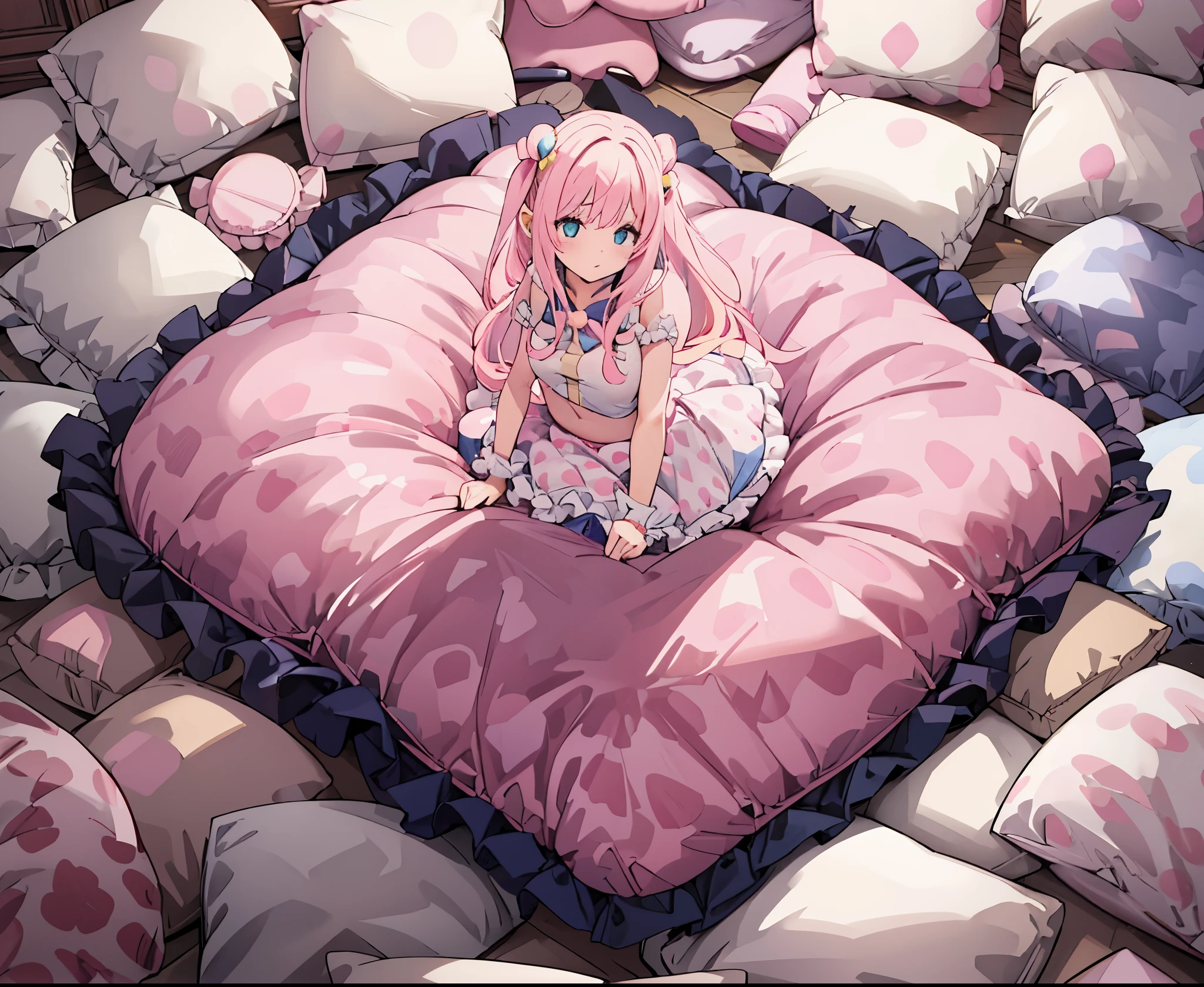 （best quality， masterpiece），full body, 1 girl, solo, mine ,nsfw, details, (Light and shadow oxtail , Cute girl posing on pillow ，standing on pillow，，（pillow), large pillow, (((colorful))), color correction, pink hair, frilled pillow,pink pillow, (((pink polkadot pillow))), (((blue uniform))), (((white skirt))), stocking, brown shoes, hugging pillow, 1 pillow