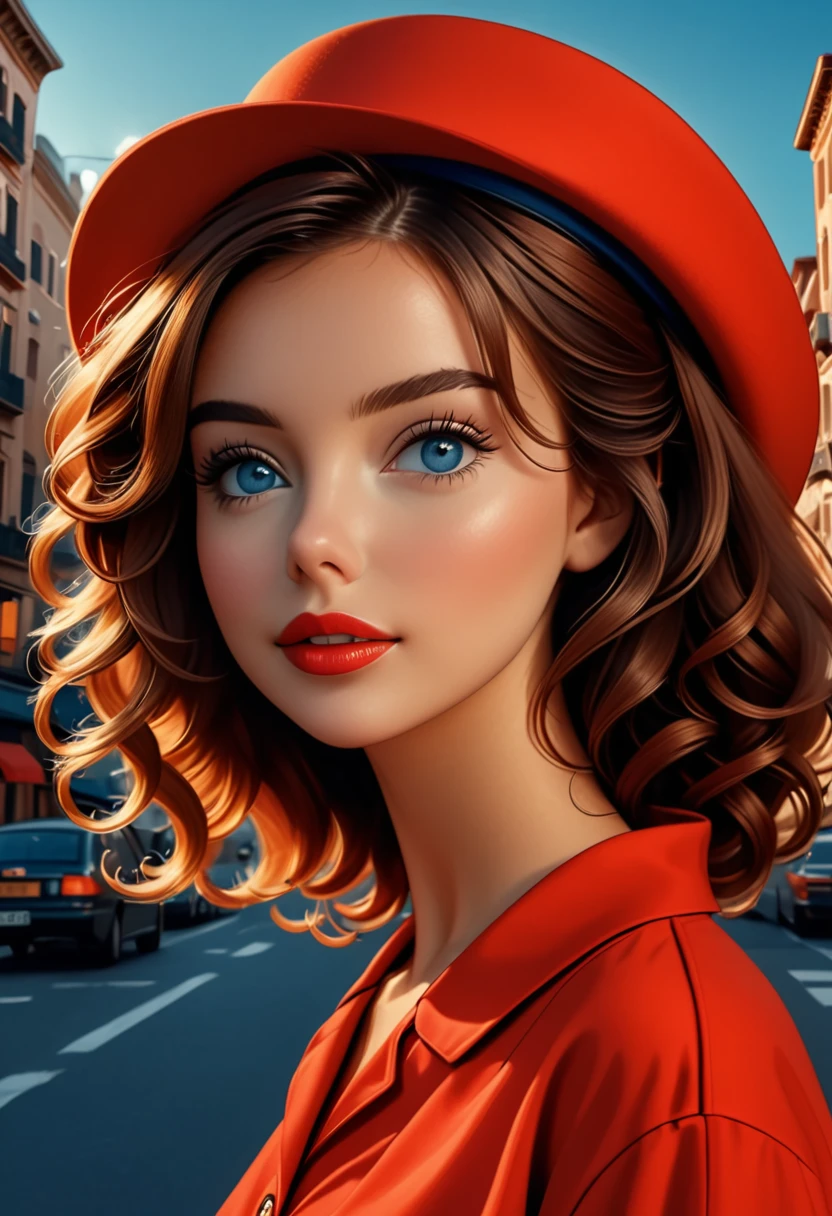 (best quality,4k,8k,highres,masterpiece:1.2),ultra-detailed,(realistic,photorealistic,photo-realistic:1.37),wes anderson style photo,35mm film,girl dressed in red with blue shoes and hat,golden light,serene faces,distinctive noses,cityscape photographer,curly hair,young. Masiela Lusha