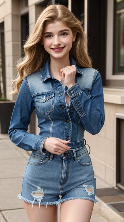 Elena Kampouris in sexy denim clothes with lipstick and smiling