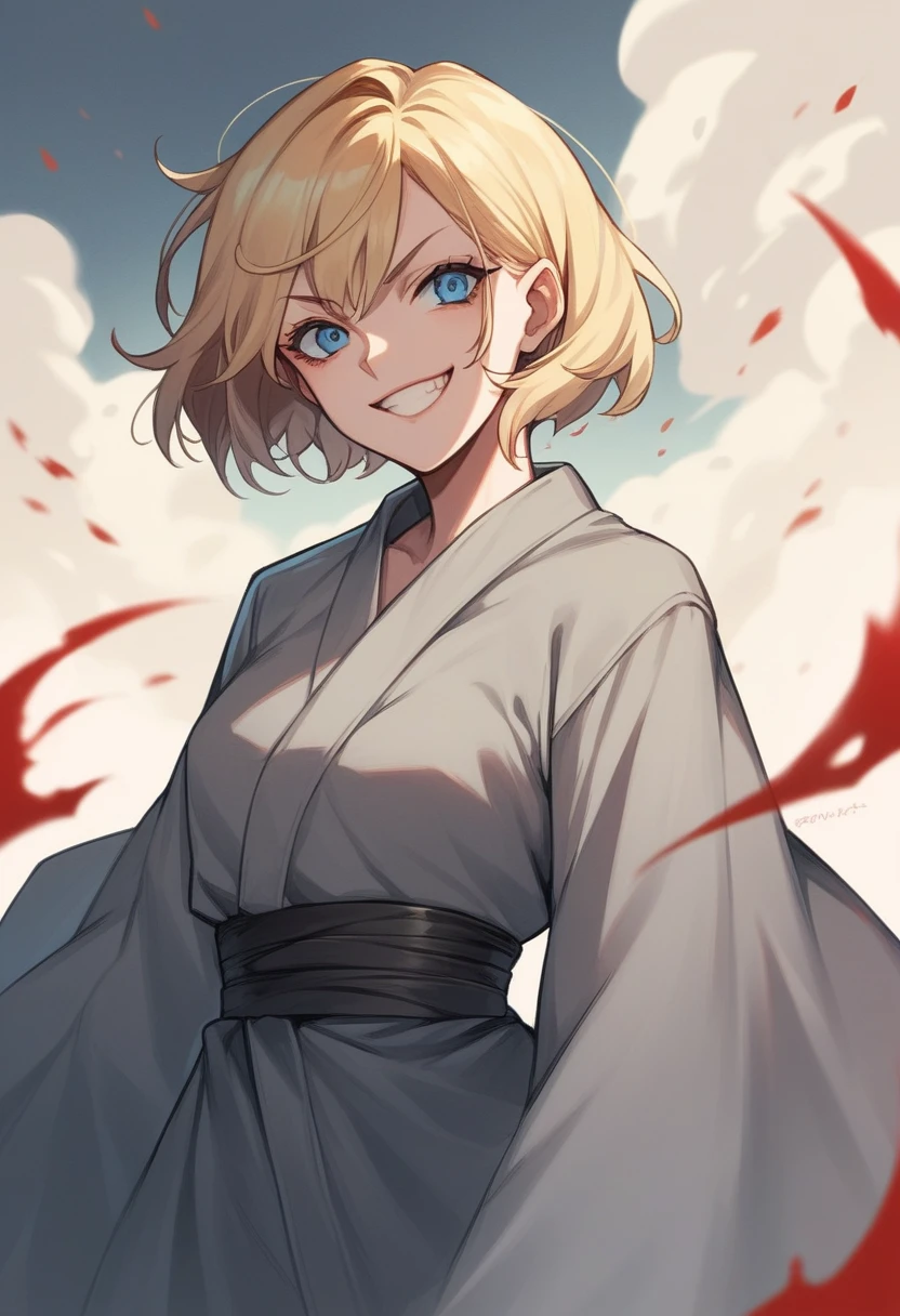 score_9, score_8_up, score_7_up, score_6_up, score_5_up, score_4_up, source_anime, 1girl blonde short hair, blue eyes, gray robe, eexpr, evil smile, smile