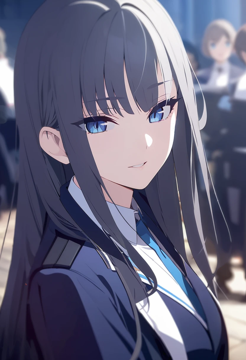 masterpiece,best quality,depth of field,8k,looking down at the viewer,dark gray hair,blue eyes,(charismatic eyes 1:1),chic,Blue Eyes,wseifuku,wearing a prosecutor&#39;s uniform,male,standing with one&#39;s back,with the courthouse in the background,alone,dressed in robes,dressed as a judge