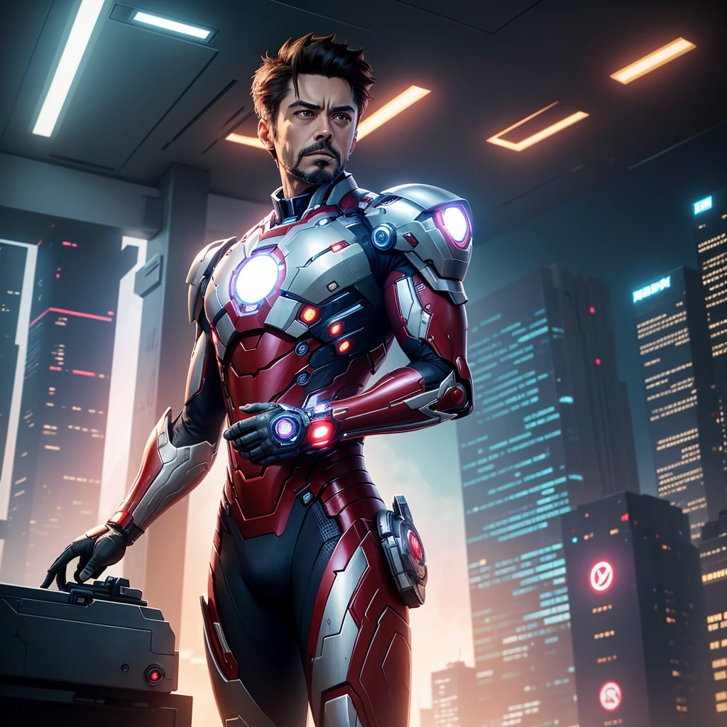 **Chapter One: The Dawn of Neo-Titan**
In the sprawling metropolis of Neo-Tokyo, the skyline was a dazzling array of neon lights and towering skyscrapers that seemed to touch the stars. Amidst this futuristic wonderland, billionaire inventor Tony Stark was hard at work in his high-tech lab, nestled within the Stark Industries Tower. The world had changed dramatically since the days of his original Iron Man suit, and so had the threats that humanity face Tony's latest creation, the Neo-Titan darn matter armor, was a marvel of modern engineering. Built from a blend of nanotechnology and quantum computing, it was designed to be faster, stronger, and more intelligent than any suit before it. As Tony tinkered with the final adjustments, his AI assistant, JARVIS, chimed in. "Sir, the energy core is now fully stabilized. We're ready for a test flight." Tony smirked, his eyes gleaming with excitement. "Alright, JARVIS. Let's see what this baby can do." He stepped into the suit, feeling the familiar yet exhilarating sensation as it enveloped him. The HUD lit up, displaying a myriad of data streams and diagnostics. With a surge of power, Tony launched himself out of the tower, soaring into the night sky. The city below was a blur of lights and motion, but Tony's mind was focused on one thing: the looming threat of the cybernetic warlord, Xylar, who had declared war on humanity.
As he flew toward the outskirts of Neo-Tokyo, where Xylar's forces were reported to be amassing, Tony couldn't help but feel a sense of déjà vu. He had faced countless foes in his lifetime, but this battle felt different. The stakes were higher, the enemy more formidable. But with the Neo-Titan armor, Tony Stark was ready to face whatever challenges lay ahead.