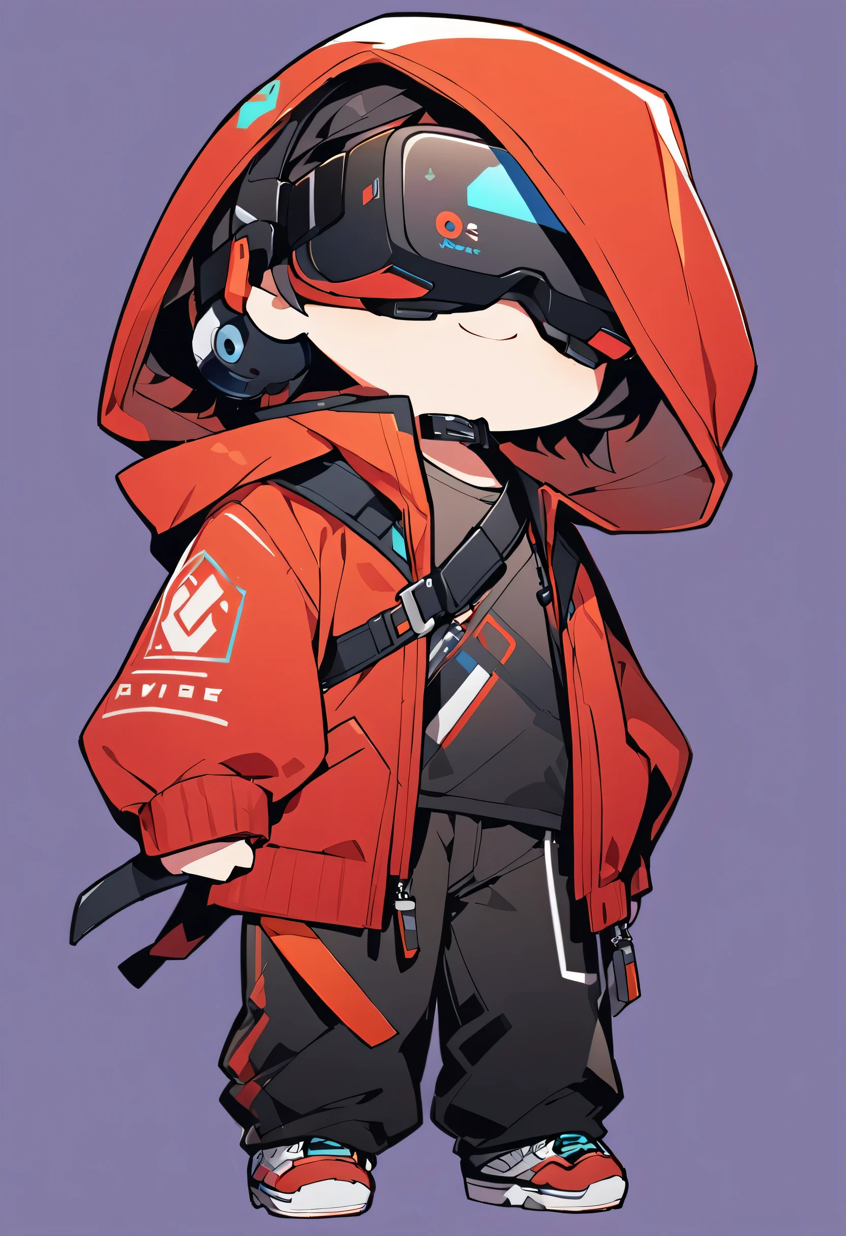 1boy, solo, illustration, ((chibi)) ((simple background)), full_body, open_clothes, wearing VR headset, wearing pants and red hood