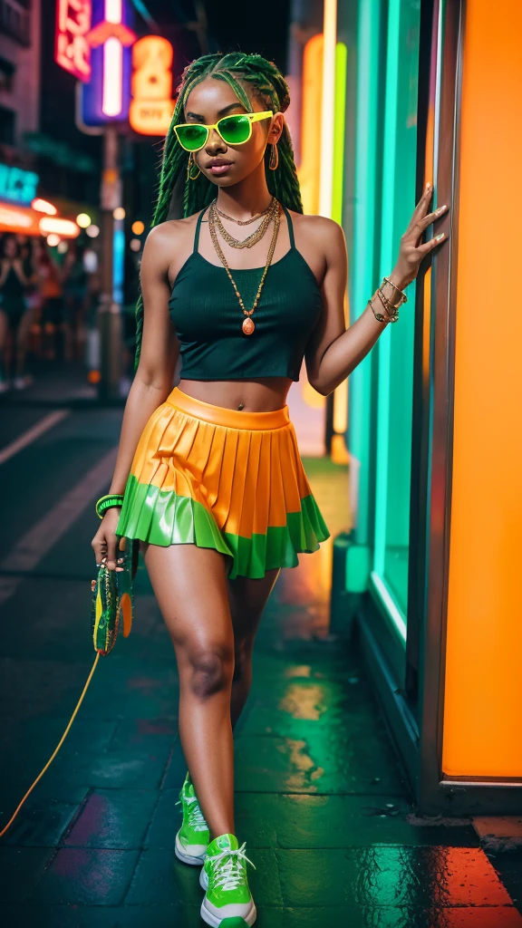 A woman with hair in shades of green and orange, braided with shiny beads, wearing a green circle skirt and an orange cropped top with neon details, translucent green headphones, dancing between floating musical notes and neon lights, with colorful necklaces and vibrant sneakers, energetic and bold style, 8k. She is looking directly at the camera with a confident look.