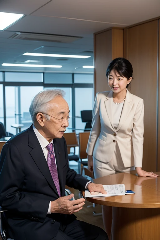 An insurance consultant wearing a suit in a conference room、An elderly Asian couple is sitting and giving an explanation。An old Asian man and woman both look impressed、Bright room。Make it so that everyone&#39;s faces are in the frame.。