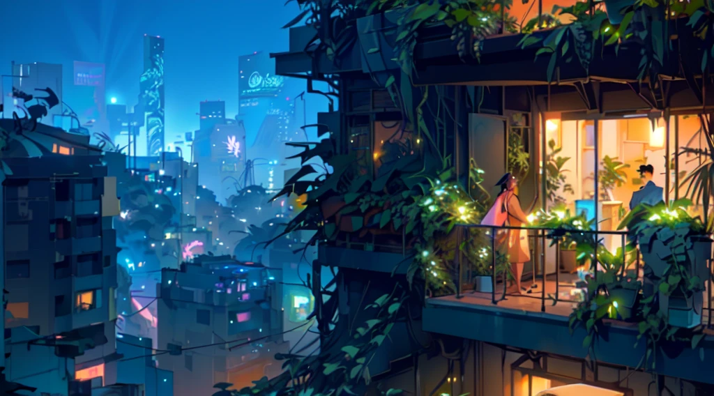 there is a balcony with plants on it overlooking a city, in a tropical and dystopic city, rio de janeiro in an anime film, overgrowth. by makoto shinkai, bladerunner apartment, inspired by Liam Wong, urban concept art, lush foliage cyberpunk, hd anime cityscape, zootopia concept art, octane render. by makoto shinkai