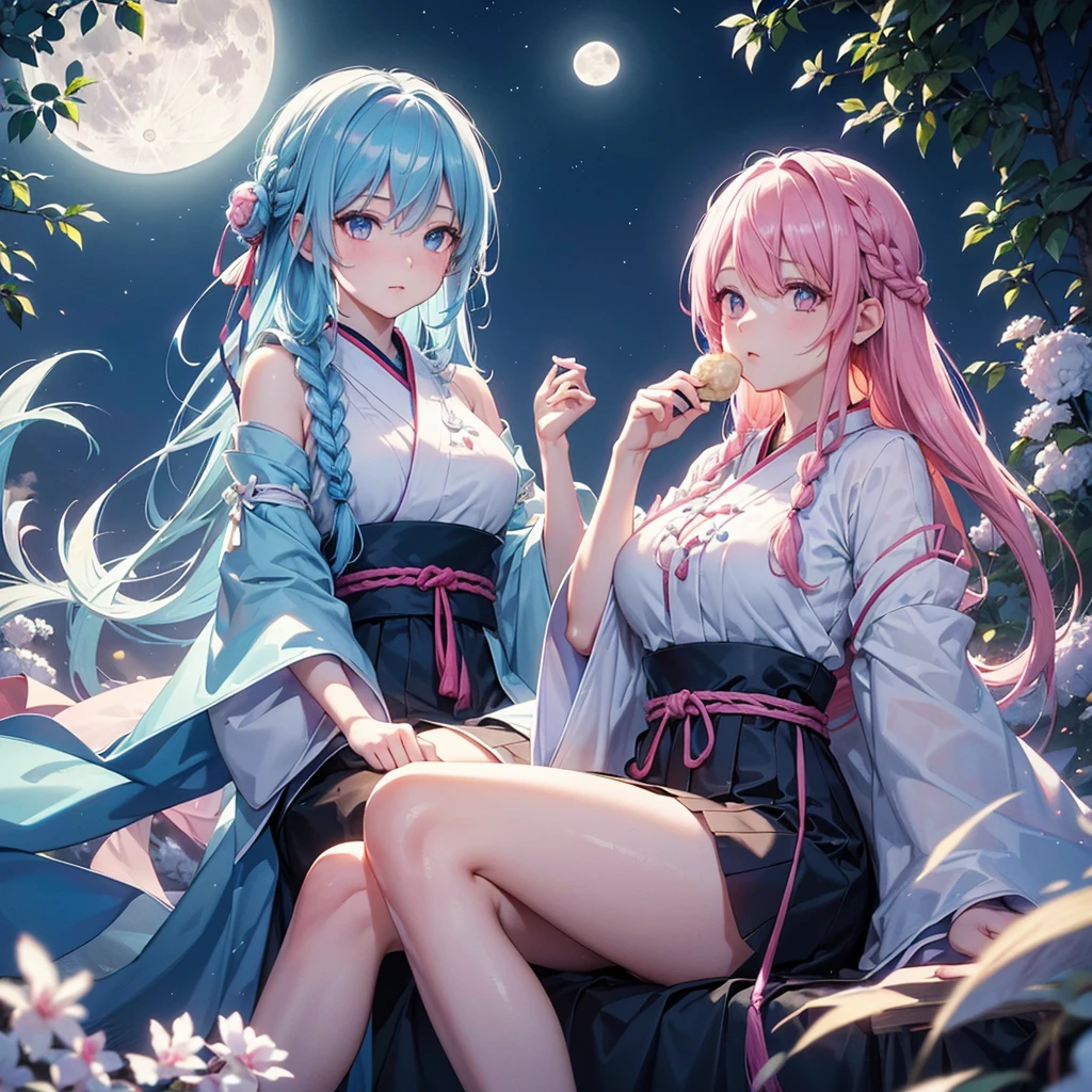 Sky blue hair, (Braided medium hair:1.2), Pink eyes,Fair skin ,(whole body),(One Girl),(White sweet dumplings ),White round dumplings,Japanese pampas grass,(beautiful, Full moon shining in the night sky),(masterpiece, Highest quality, Very detailed, Best Shadow), (Detailed Background), (Beautifully detailed face), High Contrast, (Best lighting, Very delicate and beautiful), ((Cinematic Light)), colorful, Hyper Detail,8k, Dramatic Light, Intricate details,Sit and eat dumplings while watching the moon,mysterious