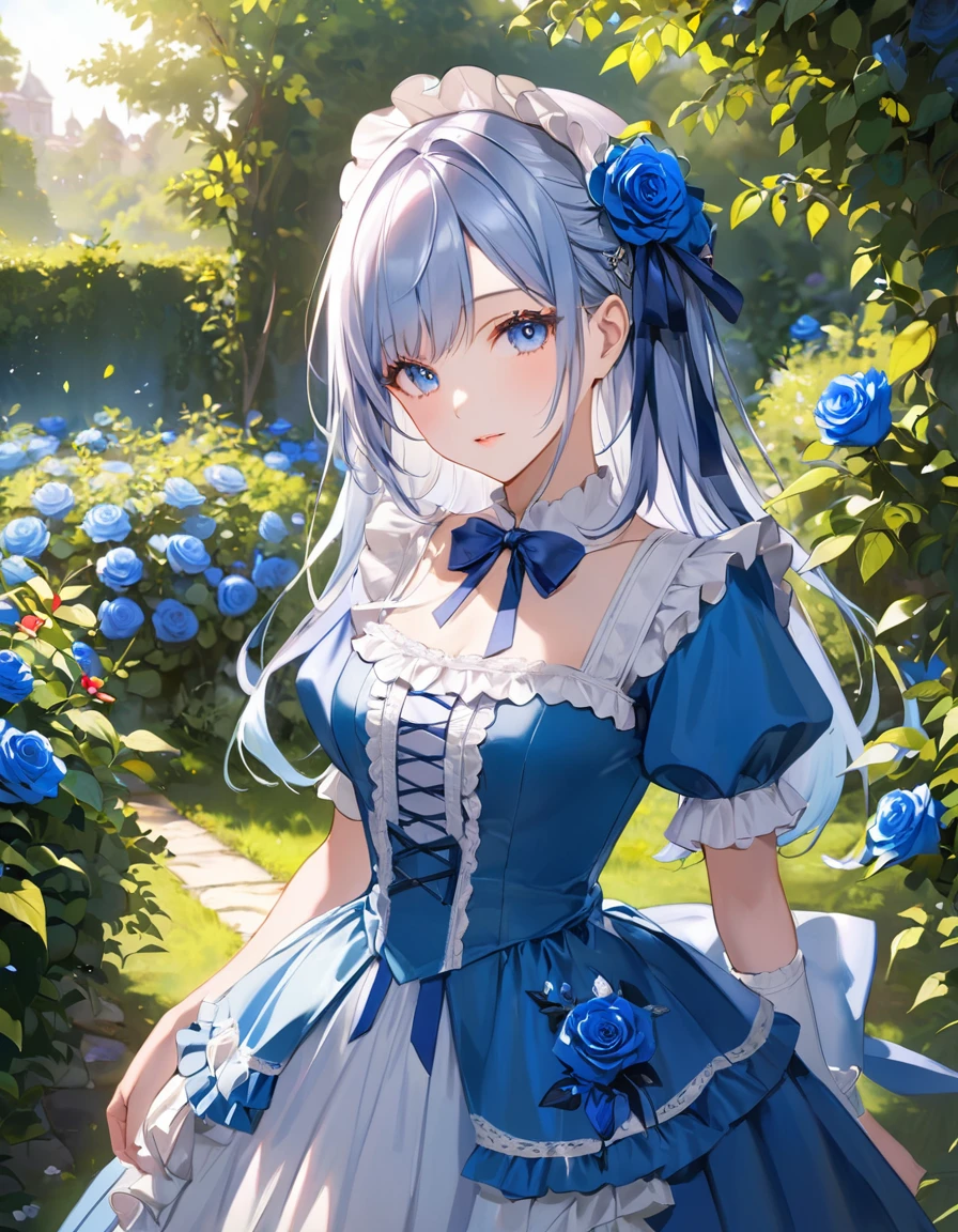 (top-quality),(masuter piece),Delicately drawn face,girl with a pretty face,beautiful detailed blue eyes,blue ****ta fashion,((beautiful detailed blue costume)),(Beautiful silky silver hair:1.2),blue ribbon hair ornament,pale skin,shading,film lighting,contrast magic,(in a garden where blue roses bloom),cowboy shot