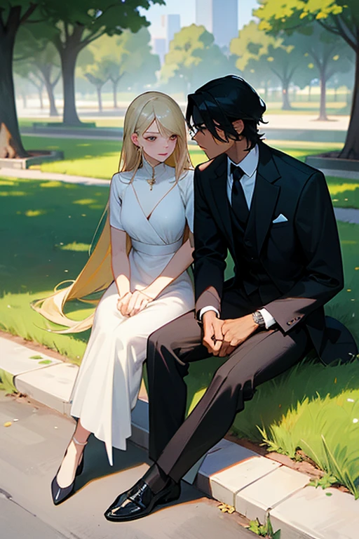 man and woman, Youths,sitting, relaxed, BLACK HAIR MAN, man in formal clothes, white auras, woman blonde hair, attractive woman, casual clothes, in a park, detailed, 4k,