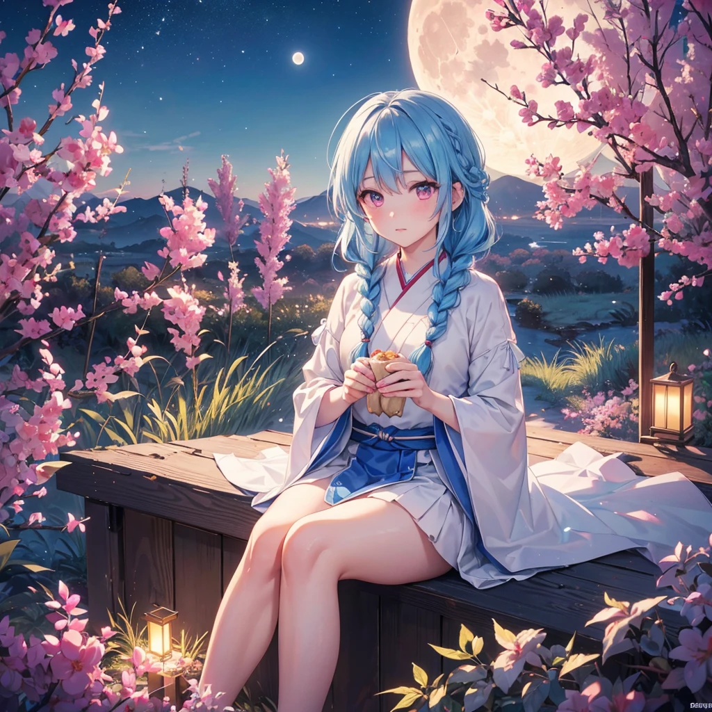 Sky blue hair, (Braided medium hair:1.2), Pink eyes,Fair skin ,(whole body),(One Girl),Tsukimi,(White sweet dumplings ),White round dumplings,Japanese pampas grass,(beautiful, Full moon shining in the night sky),(masterpiece, Highest quality, Very detailed, Best Shadow), (Detailed Background), (Beautifully detailed face), High Contrast, (Best lighting, Very delicate and beautiful), ((Cinematic Light)), colorful, Hyper Detail,8k, Dramatic Light, Intricate details,Sit and eat dumplings while watching the moon,mysterious