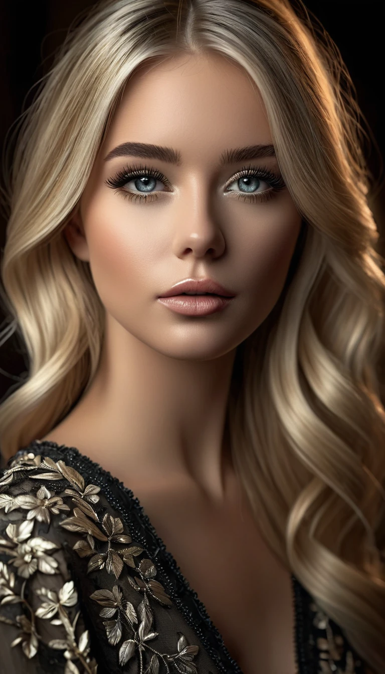 a beautiful blonde woman with a pretty face, light eyes and straight hair, ultra detailed, (realistic, photorealistic, photo-realistic: 1.37 ), detailed eyes, detailed lips, extremely detailed face, long eyelashes, elegant expression, calm expression , serene expression, delicate features, flawless skin, natural lighting, warm colors, cinematic lighting, artistic portraiture, haute couture, dramatic lighting, chiaroscuro, cinematic color grading
, affichage carré