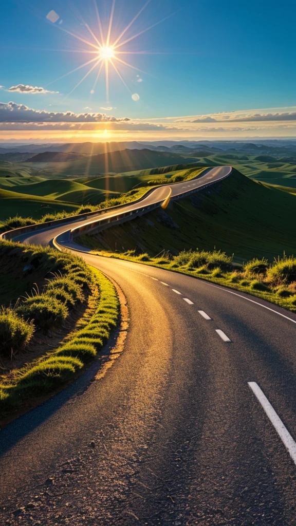 Image of a long and winding road，Bright light leading to the horizon,bright morning，suns rays
