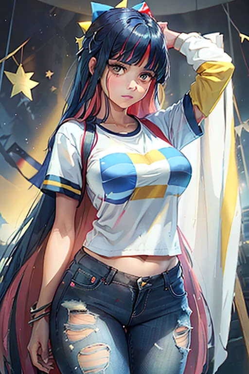 Woman holding the flag of Venezuela ((order: yellow stripe above, blue stripe with white stars and red stripe below)), brown skin, straight hair, artwork, lightning, protest, macaws, ripped jeans, White shirt.