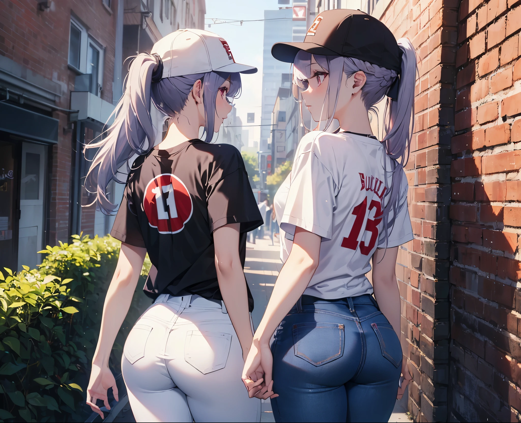 (Close-up:1.3),Realistic,Highest quality, Super detailed, High-quality CG rendering, The most delicate and beautiful, Floating softly, High resolution, (1 girl), (Highest quality,4K,8k,masterpiece:1.2), Light purple hair,(Very long ponytail:1.5),Red eyes,(Pure white oversized short sleeve T-shirt:1.3),(Black skinny jeans:1.3),(Pure white baseball cap:1.3),In the city,old buildings,Narrow back alley,(Turn your back to your audience:1.3),Butt