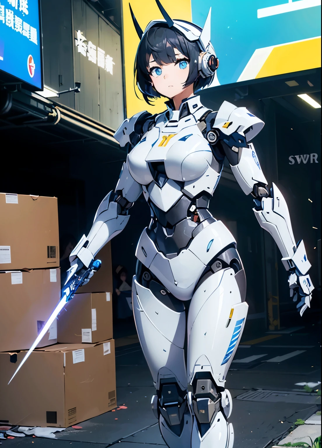 Blue shining mechanical eyes、Expressionless