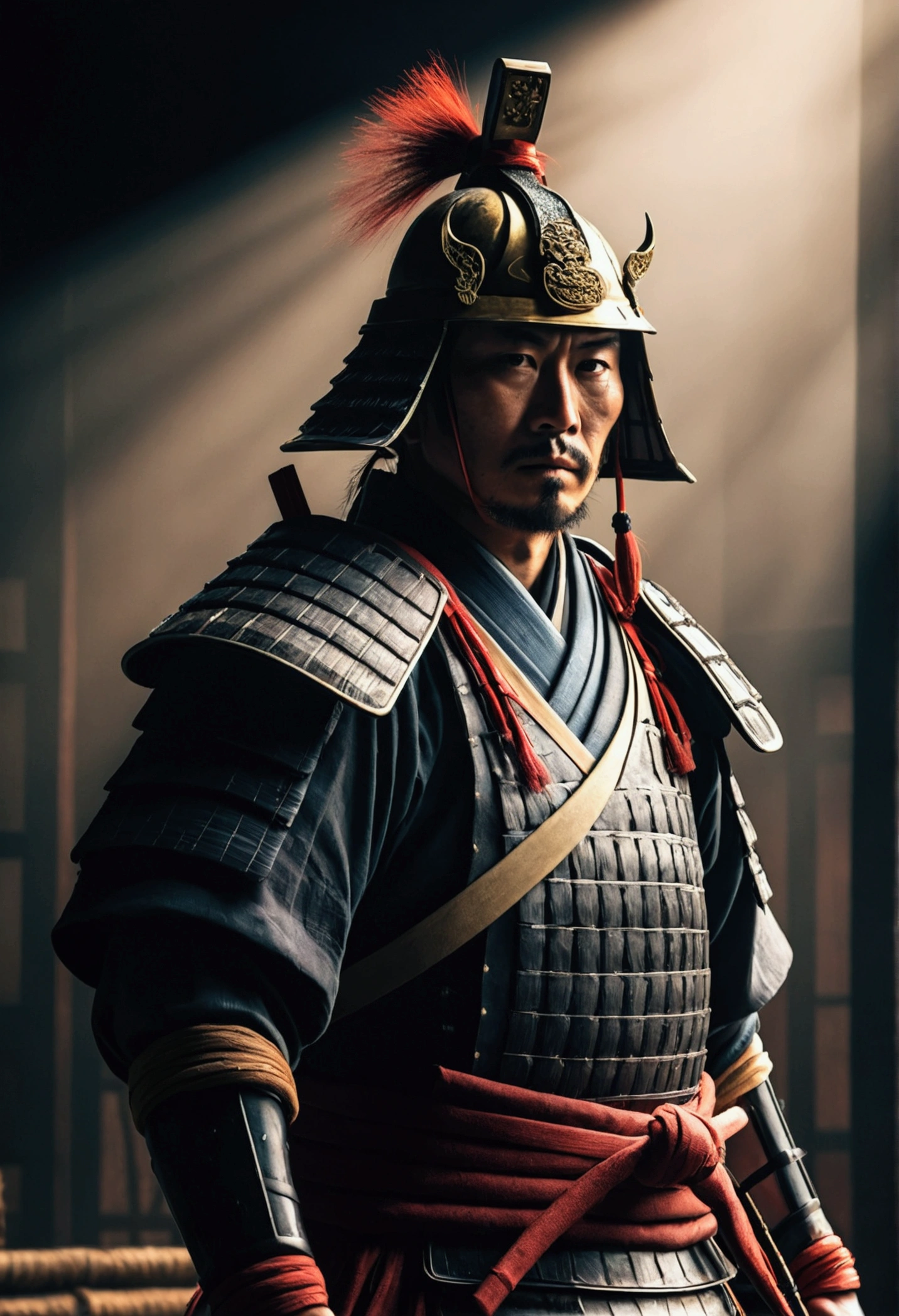 a samurai warrior in japan,dark moody atmosphere,realistic,dust particles,hazy environment,best quality,8k,highres,masterpiece:1.2,ultra-detailed,realistic,photorealistic,photo-realistic:1.37,dramatic lighting,cinematic,chiaroscuro,dark colors,muted tones,moody colors,dramatic shadows,studio lighting,physically-based rendering,extreme detail description,professional,vivid colors