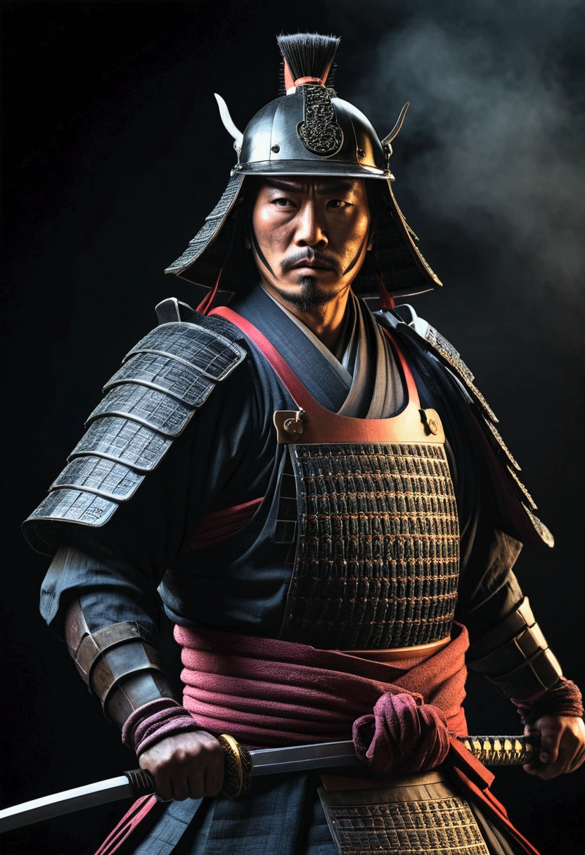 a samurai warrior in japan,dark moody atmosphere,realistic,dust particles,hazy environment,best quality,8k,highres,masterpiece:1.2,ultra-detailed,realistic,photorealistic,photo-realistic:1.37,dramatic lighting,cinematic,chiaroscuro,dark colors,muted tones,moody colors,dramatic shadows,studio lighting,physically-based rendering,extreme detail description,professional,vivid colors