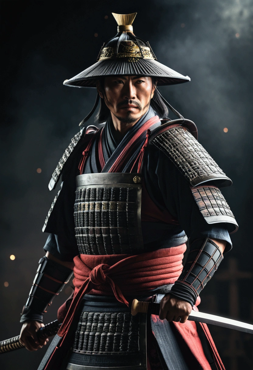 a samurai warrior in japan,dark moody atmosphere,realistic,dust particles,hazy environment,best quality,8k,highres,masterpiece:1.2,ultra-detailed,realistic,photorealistic,photo-realistic:1.37,dramatic lighting,cinematic,chiaroscuro,dark colors,muted tones,moody colors,dramatic shadows,studio lighting,physically-based rendering,extreme detail description,professional,vivid colors