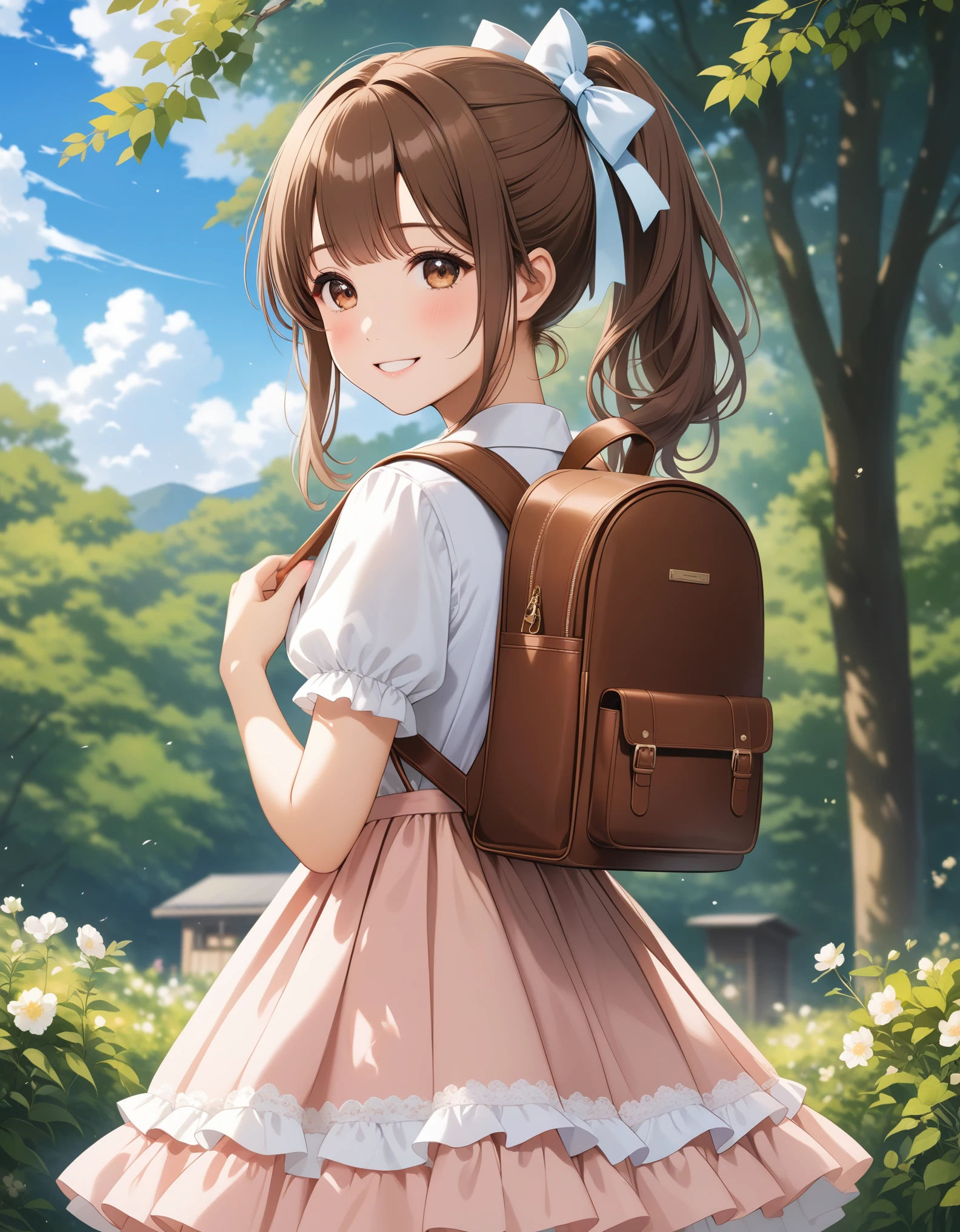 Masterpiece, hd, 1girl, brown hair, ponytail, hair ribbon, wearing cute dress, frilled dress,  dress, bowtie, standing, outdoor, smile, wearing randoseru backpack,(backpack:1.2)