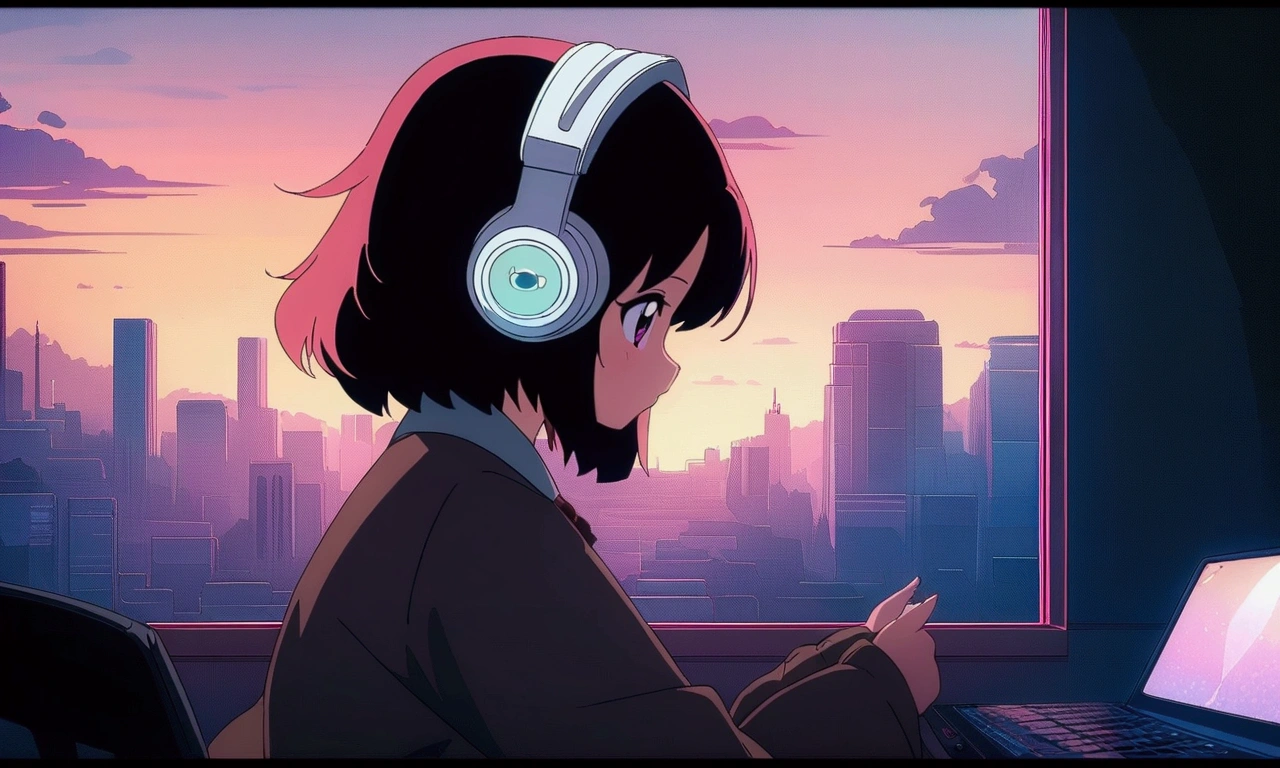 Anime girl studying with headphones on, lo-fi girl, Anime atmosphere, Lofi Artstyle, Anime Style 4k, Anime aesthetics, Nightcore, Lo-fi feel, Lofi Art, anime art wallpaper 4k, anime art wallpaper 4k, anime wallpaper 4k, anime wallpaper 4k, An atmosphere of praise, Kaisei and Artgelm、Nostalgic
