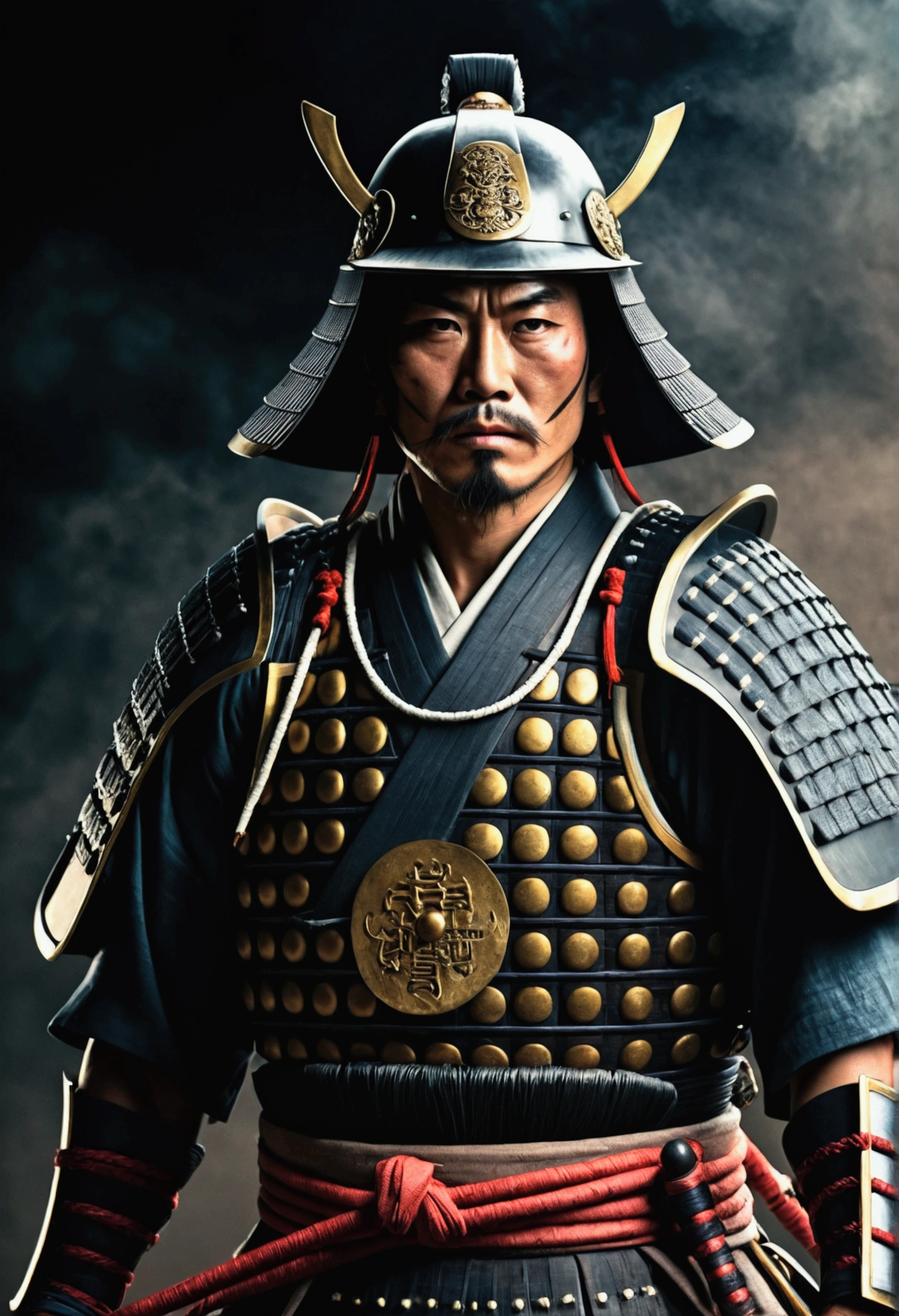 a samurai warrior in japan,dark moody atmosphere,realistic,dust particles,hazy environment,best quality,8k,highres,masterpiece:1.2,ultra-detailed,realistic,photorealistic,photo-realistic:1.37,dramatic lighting,cinematic,chiaroscuro,dark colors,muted tones,moody colors,dramatic shadows,studio lighting,physically-based rendering,extreme detail description,professional,vivid colors
