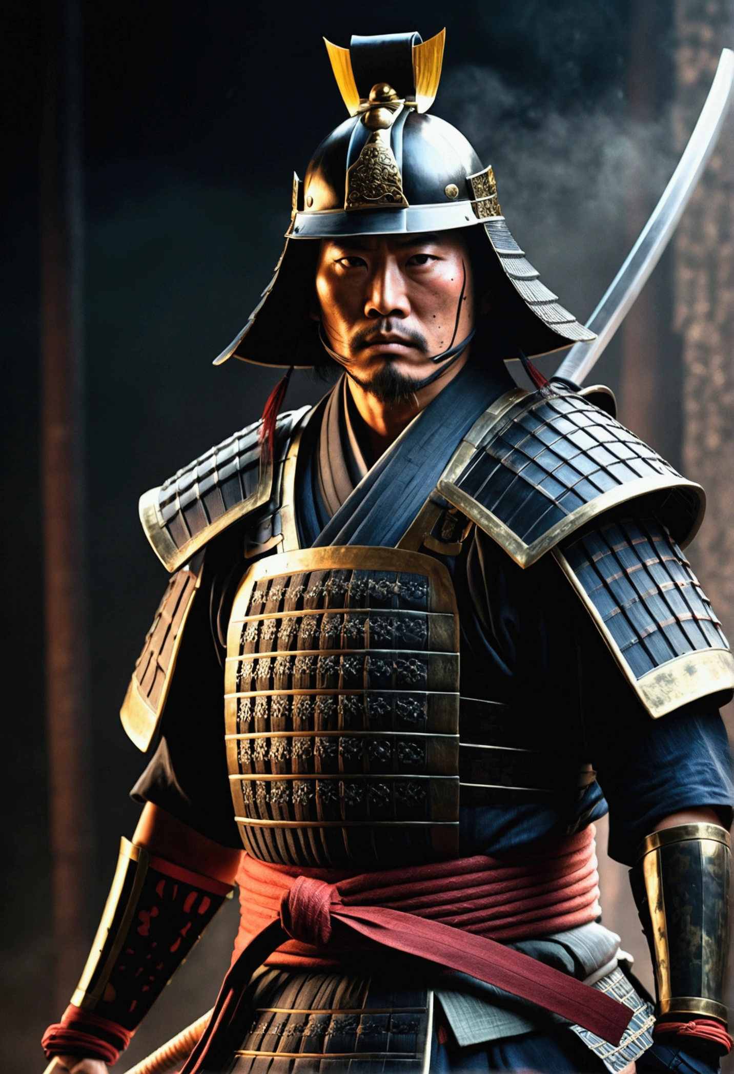 a samurai warrior in japan,dark moody atmosphere,realistic,dust particles,hazy environment,best quality,8k,highres,masterpiece:1.2,ultra-detailed,realistic,photorealistic,photo-realistic:1.37,dramatic lighting,cinematic,chiaroscuro,dark colors,muted tones,moody colors,dramatic shadows,studio lighting,physically-based rendering,extreme detail description,professional,vivid colors