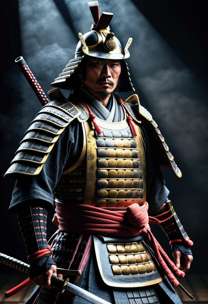 a samurai warrior in japan,dark moody atmosphere,realistic,dust particles,hazy environment,best quality,8k,highres,masterpiece:1.2,ultra-detailed,realistic,photorealistic,photo-realistic:1.37,dramatic lighting,cinematic,chiaroscuro,dark colors,muted tones,moody colors,dramatic shadows,studio lighting,physically-based rendering,extreme detail description,professional,vivid colors