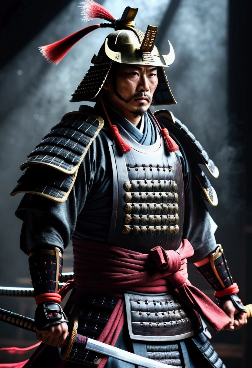a samurai warrior in japan,dark moody atmosphere,realistic,dust particles,hazy environment,best quality,8k,highres,masterpiece:1.2,ultra-detailed,realistic,photorealistic,photo-realistic:1.37,dramatic lighting,cinematic,chiaroscuro,dark colors,muted tones,moody colors,dramatic shadows,studio lighting,physically-based rendering,extreme detail description,professional,vivid colors