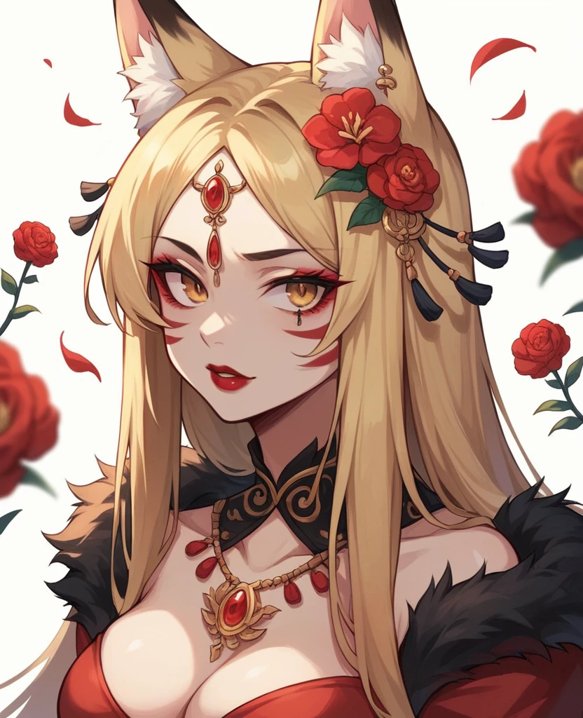 Woman with long blonde hair and two large fox ears, with 9 large fluffy fox tails, wearing a long red dress and long black transparent gloves, She also has two small buns behind her long hair, and majestic bangs on her face, she has a red flower mark in the middle of her forehead and red stripes on her cheek. she has golden necklaces and 2 piercings in her long fox ears, she has red lipstick and a scar on her right eye, she wears red eye shadow on her golden eyes, a woman kitsune.