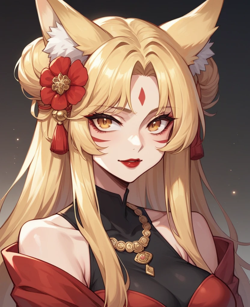 Woman with long blonde hair and two large fox ears, with 9 large fluffy fox tails, wearing a long red dress and long black transparent gloves, She also has two small buns behind her long hair, and majestic bangs on her face, she has a red flower mark in the middle of her forehead and red stripes on her cheek. she has golden necklaces and 2 piercings in her long fox ears, she has red lipstick and a scar on her right eye, she wears red eye shadow on her golden eyes, a woman kitsune.