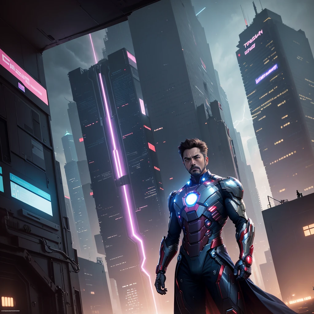 **Chapter One: The Dawn of Neo-Titan**
In the sprawling metropolis of Neo-Tokyo, the skyline was a dazzling array of neon lights and towering skyscrapers that seemed to touch the stars. Amidst this futuristic wonderland, billionaire inventor Tony Stark was hard at work in his high-tech lab, nestled within the Stark Industries Tower. The world had changed dramatically since the days of his original Iron Man suit, and so had the threats that humanity face Tony's latest creation, the Neo-Titan dark matter colour armor, was a marvel of modern engineering. Built from a blend of nanotechnology and quantum computing, it was designed to be faster, stronger, and more intelligent than any suit before it. As Tony tinkered with the final adjustments, his AI assistant, JARVIS, chimed in. "Sir, the energy core is now fully stabilized. We're ready for a test flight." Tony smirked, his eyes gleaming with excitement. "Alright, JARVIS. Let's see what this baby can do." He stepped into the suit, feeling the familiar yet exhilarating sensation as it enveloped him. The HUD lit up, displaying a myriad of data streams and diagnostics. With a surge of power, Tony launched himself out of the tower, soaring into the night sky. The city below was a blur of lights and motion, but Tony's mind was focused on one thing: the looming threat of the cybernetic warlord, Xylar, who had declared war on humanity.
As he flew toward the outskirts of Neo-Tokyo, where Xylar's forces were reported to be amassing, Tony couldn't help but feel a sense of déjà vu. He had faced countless foes in his lifetime, but this battle felt different. The stakes were higher, the enemy more formidable. But with the Neo-Titan armor, Tony Stark was ready to face whatever challenges lay ahead.