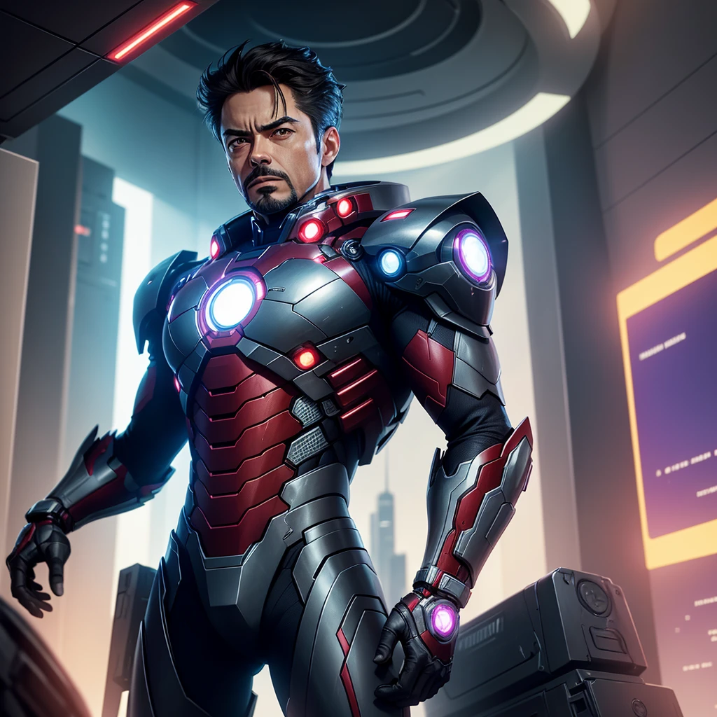 **Chapter One: The Dawn of Neo-Titan**
In the sprawling metropolis of Neo-Tokyo, the skyline was a dazzling array of neon lights and towering skyscrapers that seemed to touch the stars. Amidst this futuristic wonderland, billionaire inventor Tony Stark was hard at work in his high-tech lab, nestled within the Stark Industries Tower. The world had changed dramatically since the days of his original Iron Man suit, and so had the threats that humanity face Tony's latest creation, the Neo-Titan dark matter colour armor, was a marvel of modern engineering. Built from a blend of nanotechnology and quantum computing, it was designed to be faster, stronger, and more intelligent than any suit before it. As Tony tinkered with the final adjustments, his AI assistant, JARVIS, chimed in. "Sir, the energy core is now fully stabilized. We're ready for a test flight." Tony smirked, his eyes gleaming with excitement. "Alright, JARVIS. Let's see what this baby can do." He stepped into the suit, feeling the familiar yet exhilarating sensation as it enveloped him. The HUD lit up, displaying a myriad of data streams and diagnostics. With a surge of power, Tony launched himself out of the tower, soaring into the night sky. The city below was a blur of lights and motion, but Tony's mind was focused on one thing: the looming threat of the cybernetic warlord, Xylar, who had declared war on humanity.
As he flew toward the outskirts of Neo-Tokyo, where Xylar's forces were reported to be amassing, Tony couldn't help but feel a sense of déjà vu. He had faced countless foes in his lifetime, but this battle felt different. The stakes were higher, the enemy more formidable. But with the Neo-Titan armor, Tony Stark was ready to face whatever challenges lay ahead.