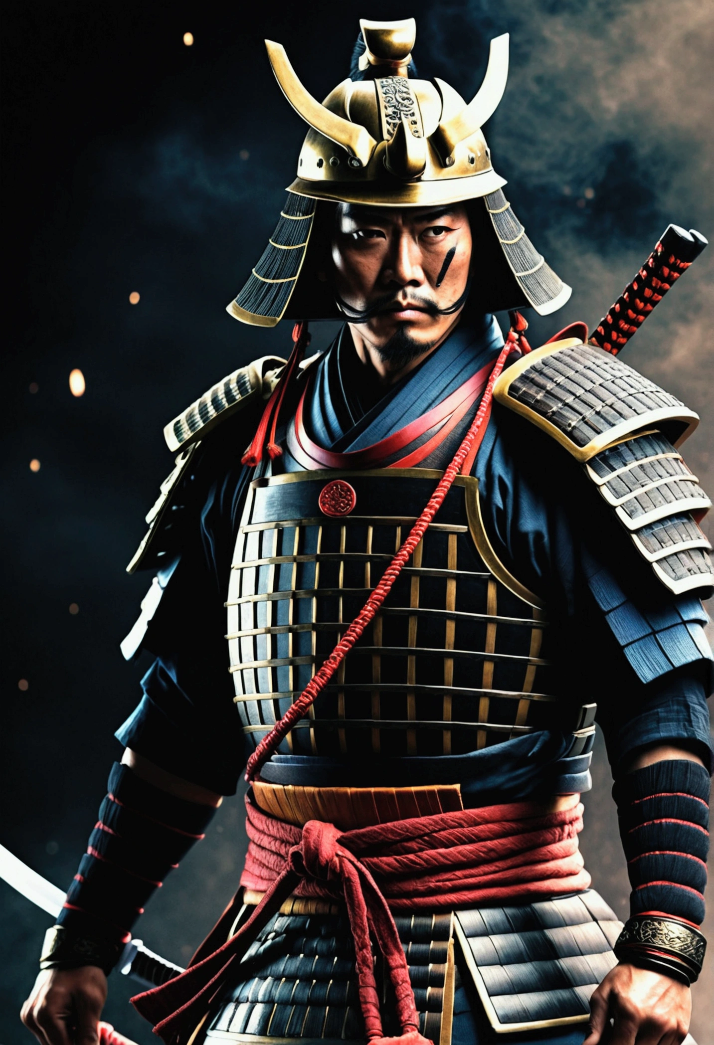 a samurai warrior in japan,dark moody atmosphere,realistic,dust particles,hazy environment,best quality,8k,highres,masterpiece:1.2,ultra-detailed,realistic,photorealistic,photo-realistic:1.37,dramatic lighting,cinematic,chiaroscuro,dark colors,muted tones,moody colors,dramatic shadows,studio lighting,physically-based rendering,extreme detail description,professional,vivid colors